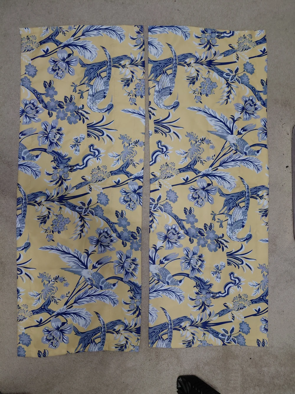 Blue Floral Bird Print Valances on Yellow Background Set Of 2